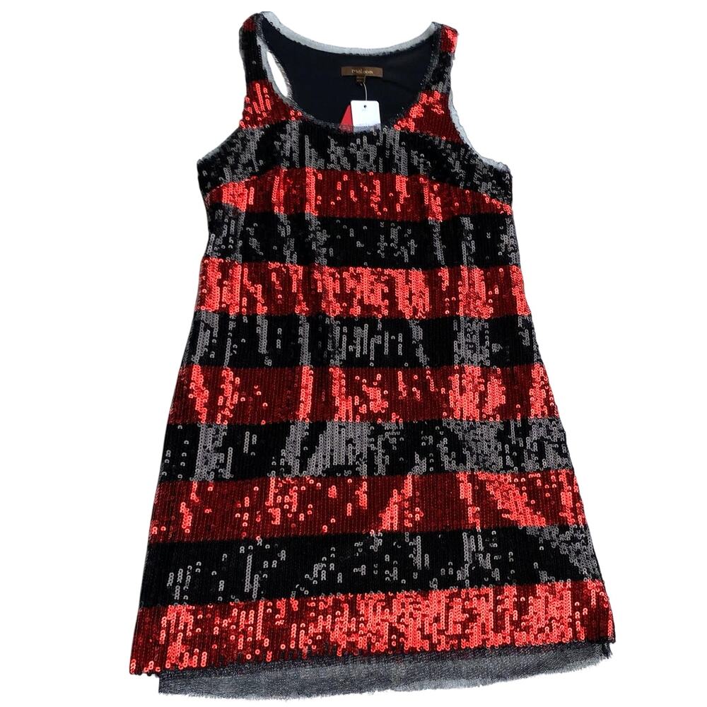 Maloom : Bodycon Sheath Red & Black Striped Sequins Short Dress : Medium